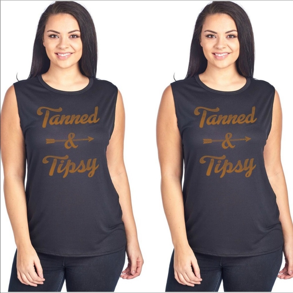 MUST GO! SALE!! Black Tanned & Tipsy Plus Muscle Tee